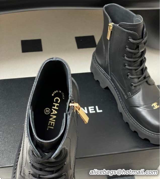 Pretty Style Chanel Calfskin Leather Laced-up Ankle Boots CH110404 Black 2026