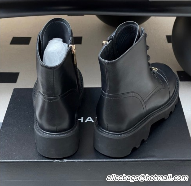 Pretty Style Chanel Calfskin Leather Laced-up Ankle Boots CH110404 Black 2026