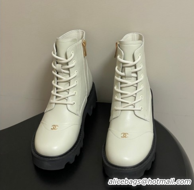 Charming Chanel Calfskin Leather Laced-up Ankle Boots CH110404 White 2026