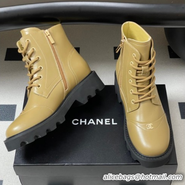 Top Grade Chanel Calfskin Leather Laced-up Ankle Boots CH110404 Beige Yellow 2026