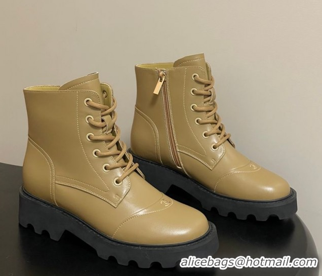 Top Grade Chanel Calfskin Leather Laced-up Ankle Boots CH110404 Beige Yellow 2026