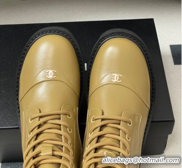 Top Grade Chanel Calfskin Leather Laced-up Ankle Boots CH110404 Beige Yellow 2026