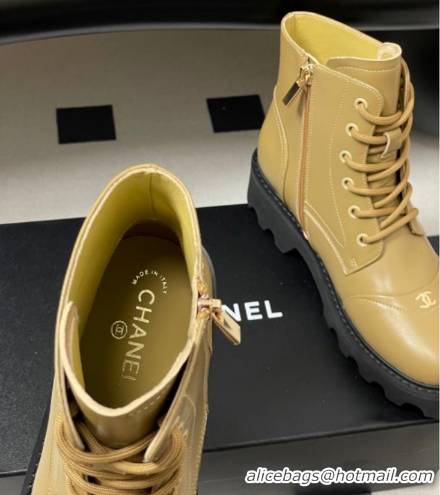Top Grade Chanel Calfskin Leather Laced-up Ankle Boots CH110404 Beige Yellow 2026