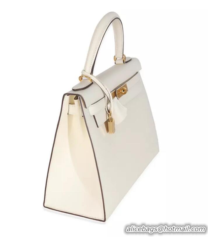 Top Grade Hermes Sellier Kelly 28cm Leather Bag In Original Epsom Leather H0103 White/Gold 2025 (Half Handmade)