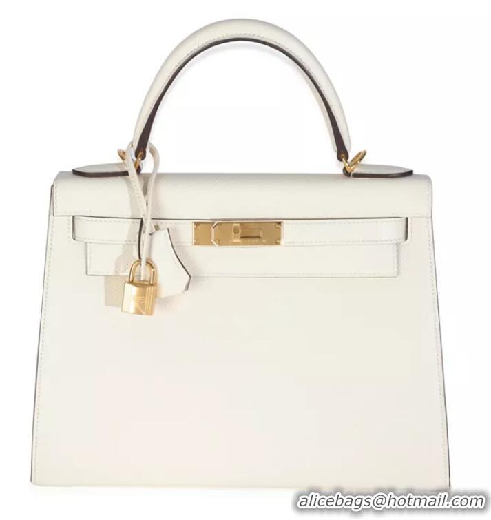 Top Grade Hermes Sellier Kelly 28cm Leather Bag In Original Epsom Leather H0103 White/Gold 2025 (Half Handmade)