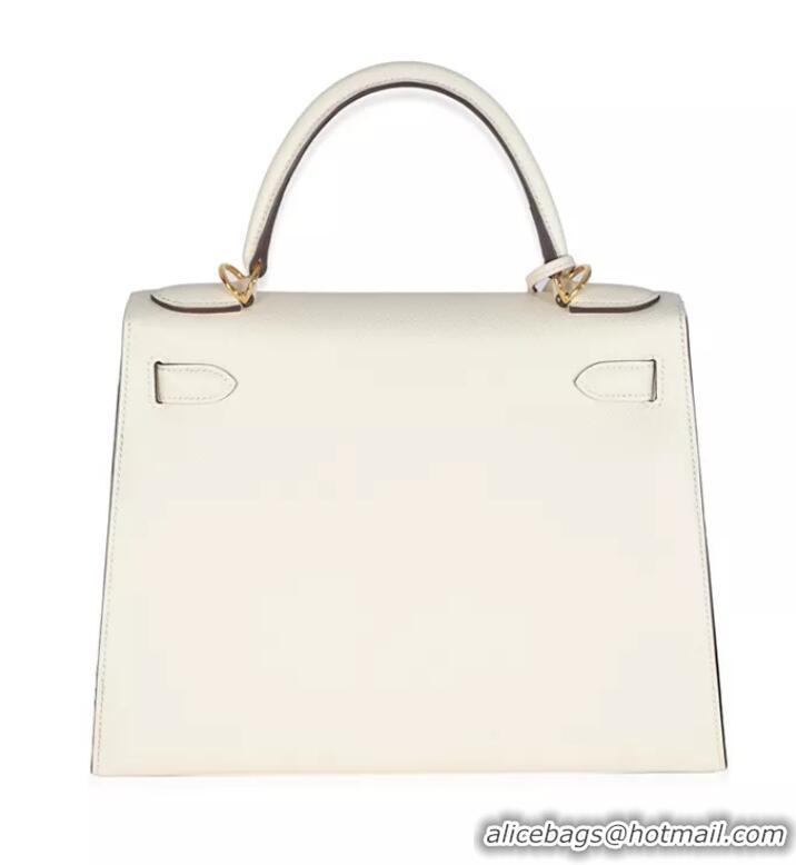 Top Grade Hermes Sellier Kelly 28cm Leather Bag In Original Epsom Leather H0103 White/Gold 2025 (Half Handmade)