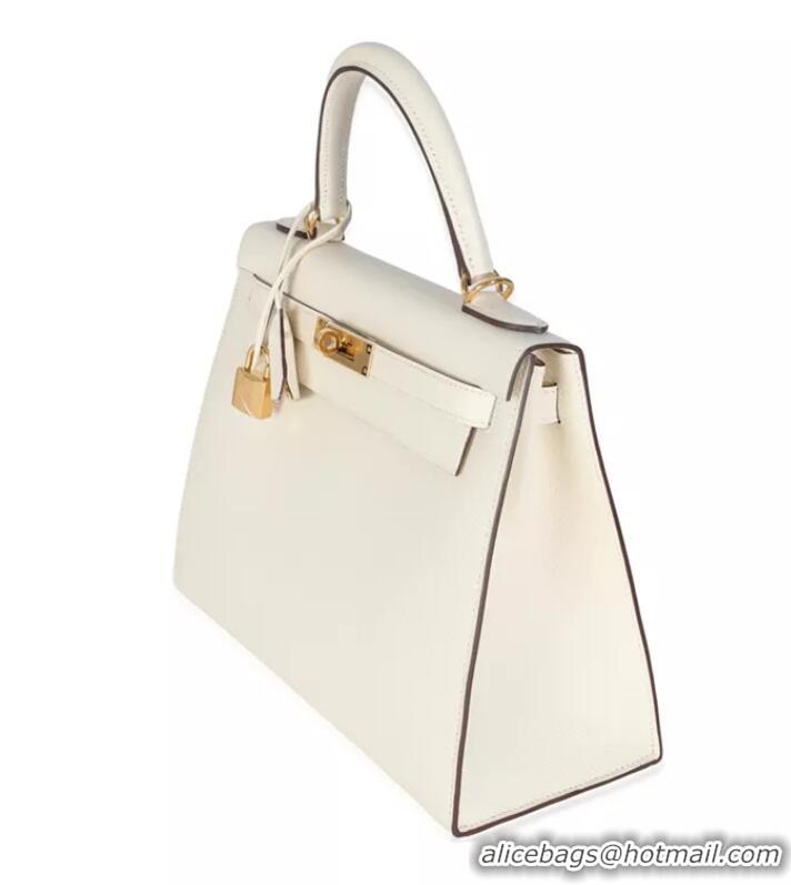 Top Grade Hermes Sellier Kelly 28cm Leather Bag In Original Epsom Leather H0103 White/Gold 2025 (Half Handmade)
