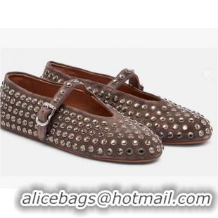 Top Design Alaia Embellished Suede Mary Jane Flats 3209 Brown