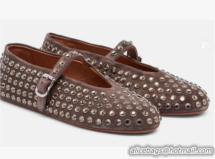 Top Design Alaia Embellished Suede Mary Jane Flats 3209 Brown