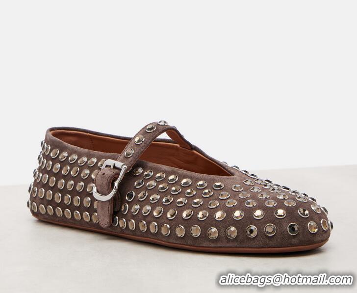 Top Design Alaia Embellished Suede Mary Jane Flats 3209 Brown