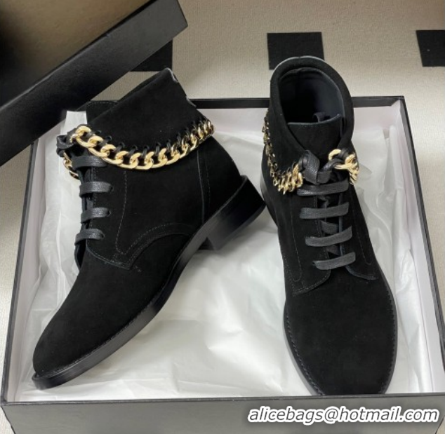 Perfect Chanel Suede Laced-up Ankle Boots with Chain CH110405 Black 2026