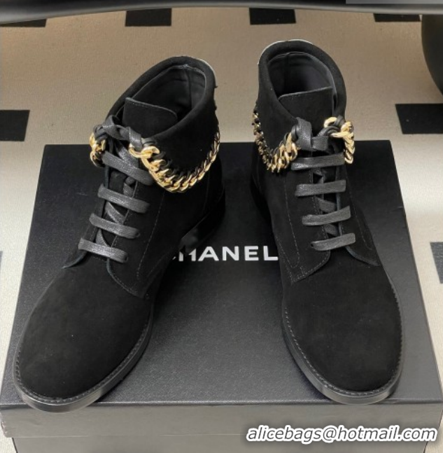 Perfect Chanel Suede Laced-up Ankle Boots with Chain CH110405 Black 2026