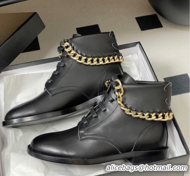 Stylish Chanel Calfskin Leather Laced-up Ankle Boots with Chain Black CH110405 Black 2026