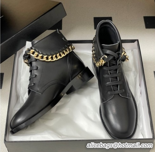 Stylish Chanel Calfskin Leather Laced-up Ankle Boots with Chain Black CH110405 Black 2026