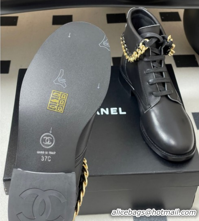Stylish Chanel Calfskin Leather Laced-up Ankle Boots with Chain Black CH110405 Black 2026