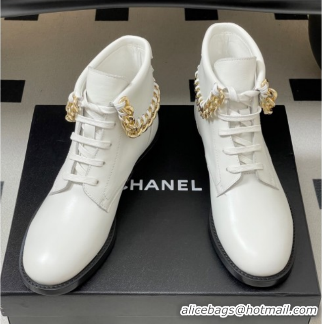 Sumptuous Chanel Calfskin Leather Laced-up Ankle Boots with Chain Black CH110405 White 2026