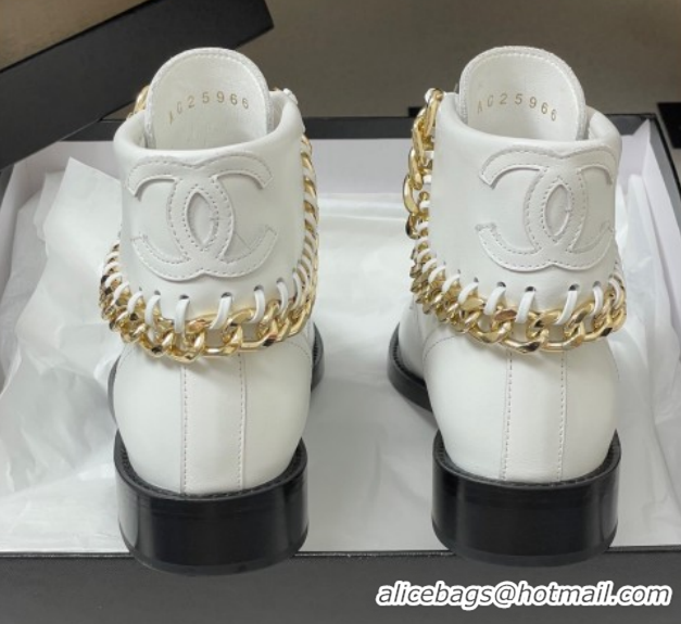 Sumptuous Chanel Calfskin Leather Laced-up Ankle Boots with Chain Black CH110405 White 2026