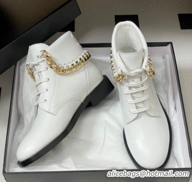 Sumptuous Chanel Calfskin Leather Laced-up Ankle Boots with Chain Black CH110405 White 2026