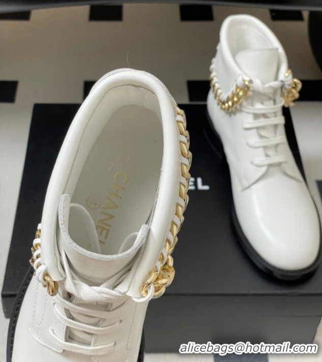 Sumptuous Chanel Calfskin Leather Laced-up Ankle Boots with Chain Black CH110405 White 2026