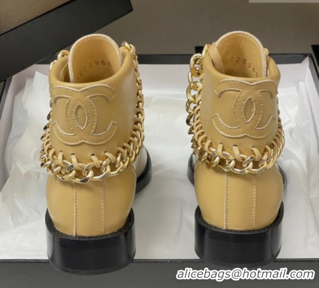 Unique Style Chanel Calfskin Leather Laced-up Ankle Boots with Chain Black CH110405 Beige Yellow 2026