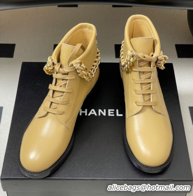 Unique Style Chanel Calfskin Leather Laced-up Ankle Boots with Chain Black CH110405 Beige Yellow 2026
