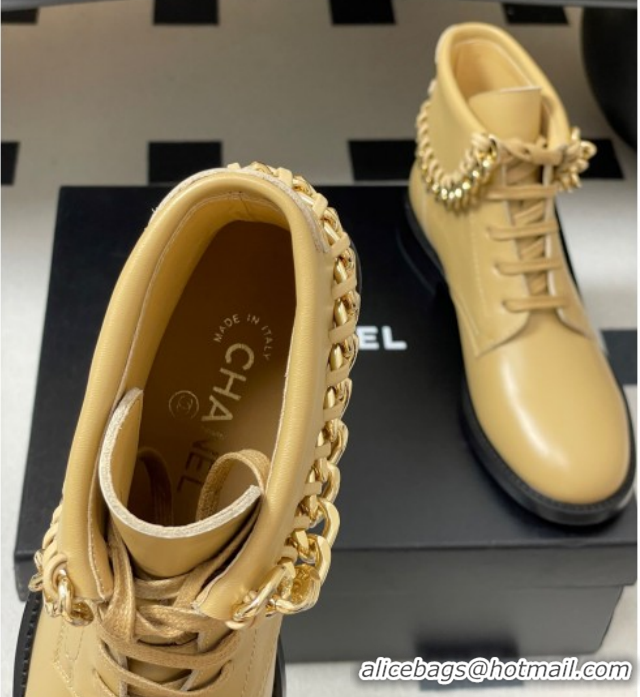 Unique Style Chanel Calfskin Leather Laced-up Ankle Boots with Chain Black CH110405 Beige Yellow 2026