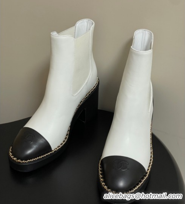 Good Quality Chanel Calfskin Leather Platform Ankle Boots with Chain CH110406 White 2026
