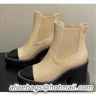Grade Quality Chanel Calfskin Leather Platform Ankle Boots with Chain CH110406 Beige 2026