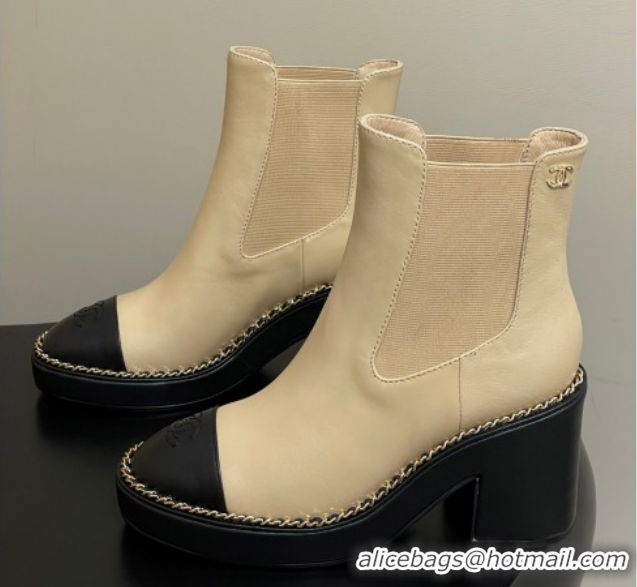 Grade Quality Chanel Calfskin Leather Platform Ankle Boots with Chain CH110406 Beige 2026