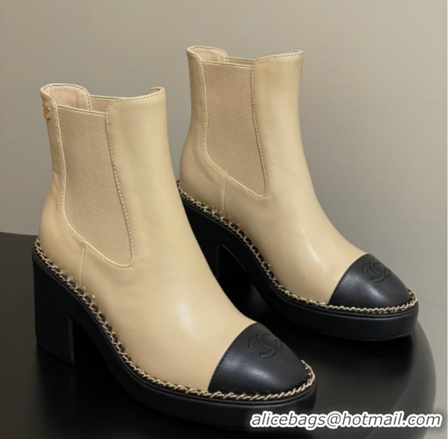 Grade Quality Chanel Calfskin Leather Platform Ankle Boots with Chain CH110406 Beige 2026
