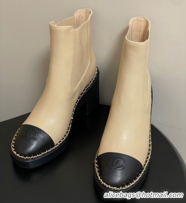 Grade Quality Chanel Calfskin Leather Platform Ankle Boots with Chain CH110406 Beige 2026