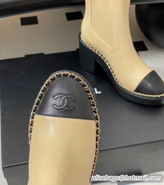 Grade Quality Chanel Calfskin Leather Platform Ankle Boots with Chain CH110406 Beige 2026