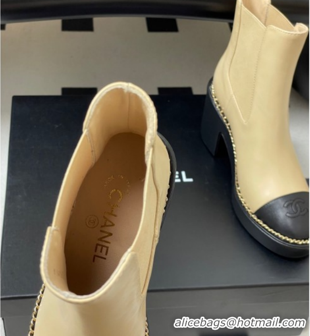 Grade Quality Chanel Calfskin Leather Platform Ankle Boots with Chain CH110406 Beige 2026