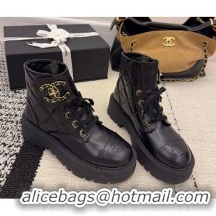 Buy Luxury Chanel Shiny Calfskin Laced-up Ankle Boots with Maxi CC CH110408 Black 2026