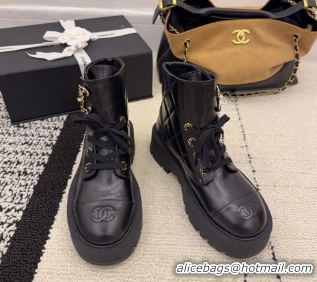 Buy Luxury Chanel Shiny Calfskin Laced-up Ankle Boots with Maxi CC CH110408 Black 2026