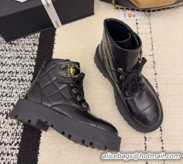 Buy Luxury Chanel Shiny Calfskin Laced-up Ankle Boots with Maxi CC CH110408 Black 2026
