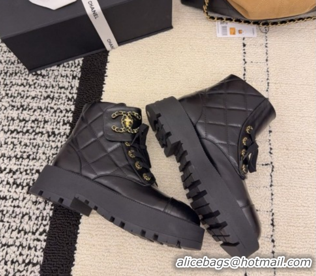 Buy Luxury Chanel Shiny Calfskin Laced-up Ankle Boots with Maxi CC CH110408 Black 2026