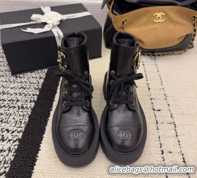 Buy Luxury Chanel Shiny Calfskin Laced-up Ankle Boots with Maxi CC CH110408 Black 2026