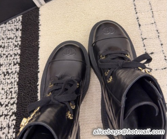Buy Luxury Chanel Shiny Calfskin Laced-up Ankle Boots with Maxi CC CH110408 Black 2026