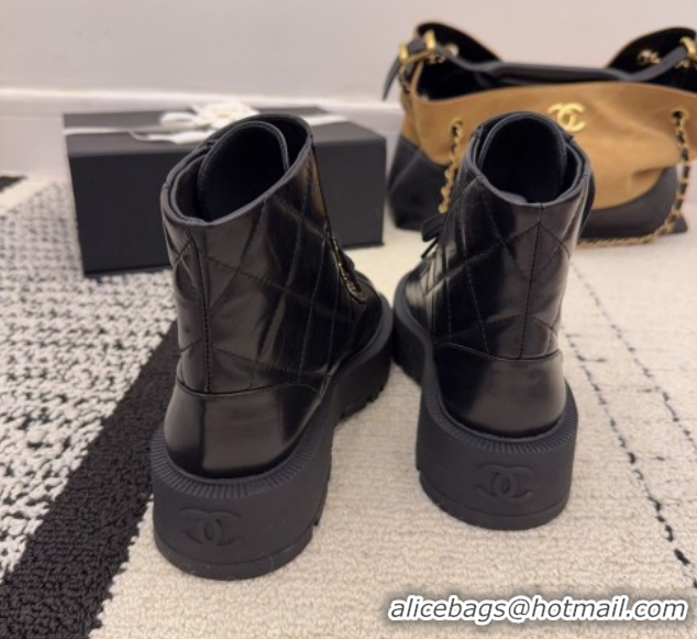 Buy Luxury Chanel Shiny Calfskin Laced-up Ankle Boots with Maxi CC CH110408 Black 2026