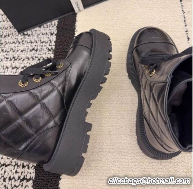 Buy Luxury Chanel Shiny Calfskin Laced-up Ankle Boots with Maxi CC CH110408 Black 2026