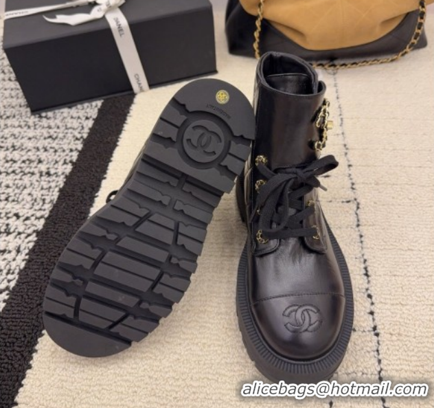 Buy Luxury Chanel Shiny Calfskin Laced-up Ankle Boots with Maxi CC CH110408 Black 2026