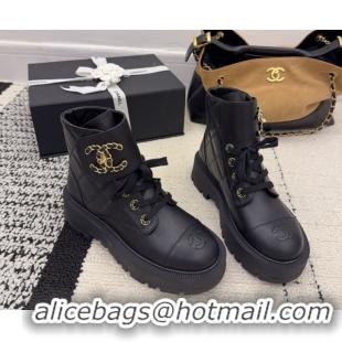 Low Price Chanel Calfskin Leather Laced-up Ankle Boots with Maxi CC CH110408 Black 2026