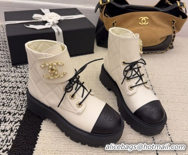 Top Design Chanel Calfskin Leather Laced-up Ankle Boots with Maxi CC CH110408 White 2026