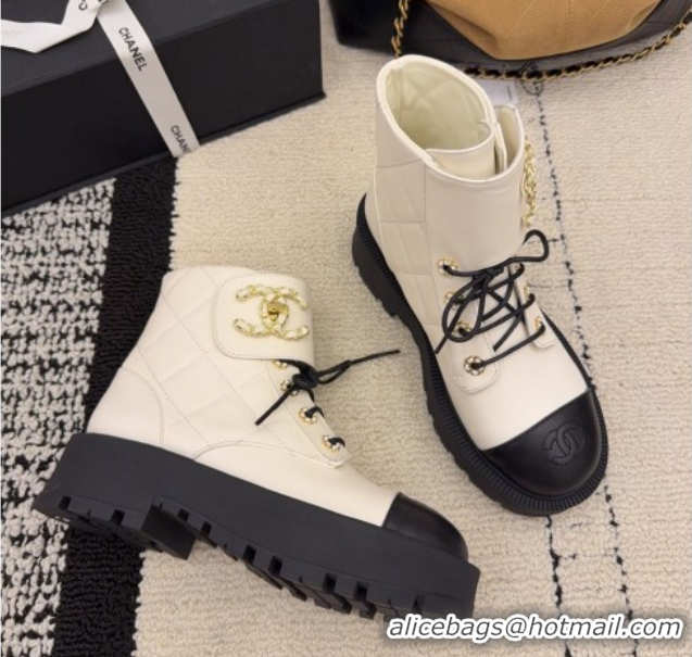 Top Design Chanel Calfskin Leather Laced-up Ankle Boots with Maxi CC CH110408 White 2026