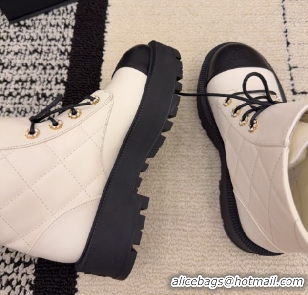 Top Design Chanel Calfskin Leather Laced-up Ankle Boots with Maxi CC CH110408 White 2026