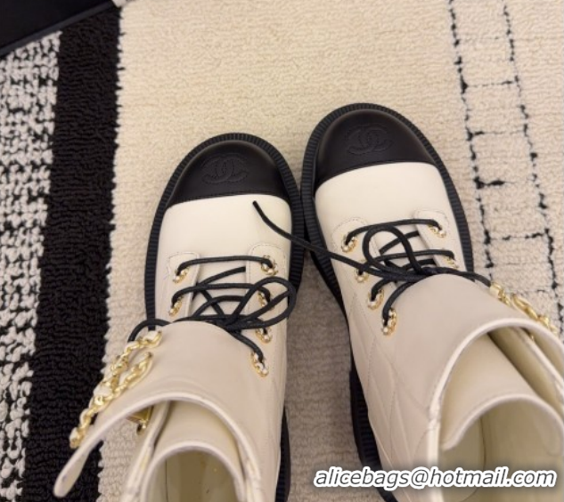 Top Design Chanel Calfskin Leather Laced-up Ankle Boots with Maxi CC CH110408 White 2026