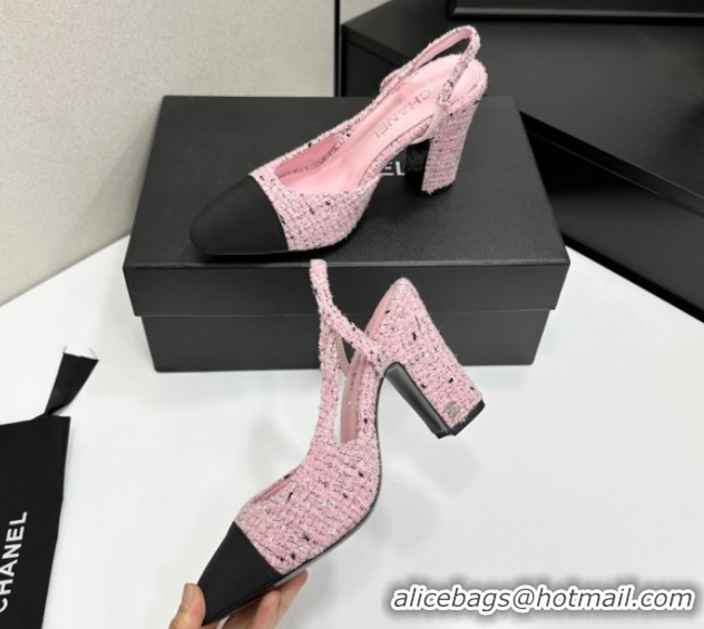 Shop Duplicate Chanel Tweed & Grosgrain Slingback Pumps 9cm G45509 Light Pink/Black 2026