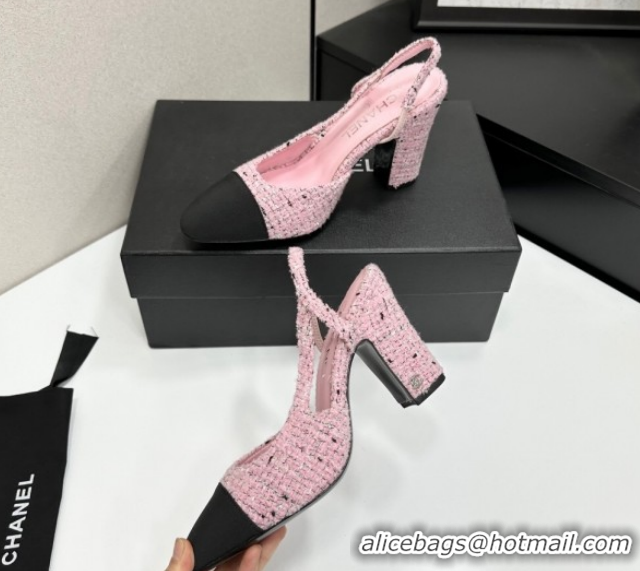 Shop Duplicate Chanel Tweed & Grosgrain Slingback Pumps 9cm G45509 Light Pink/Black 2026