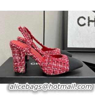 Popular Style Chanel Tweed & Grosgrain Slingback Pumps 9cm G45509 Red/Black 2026